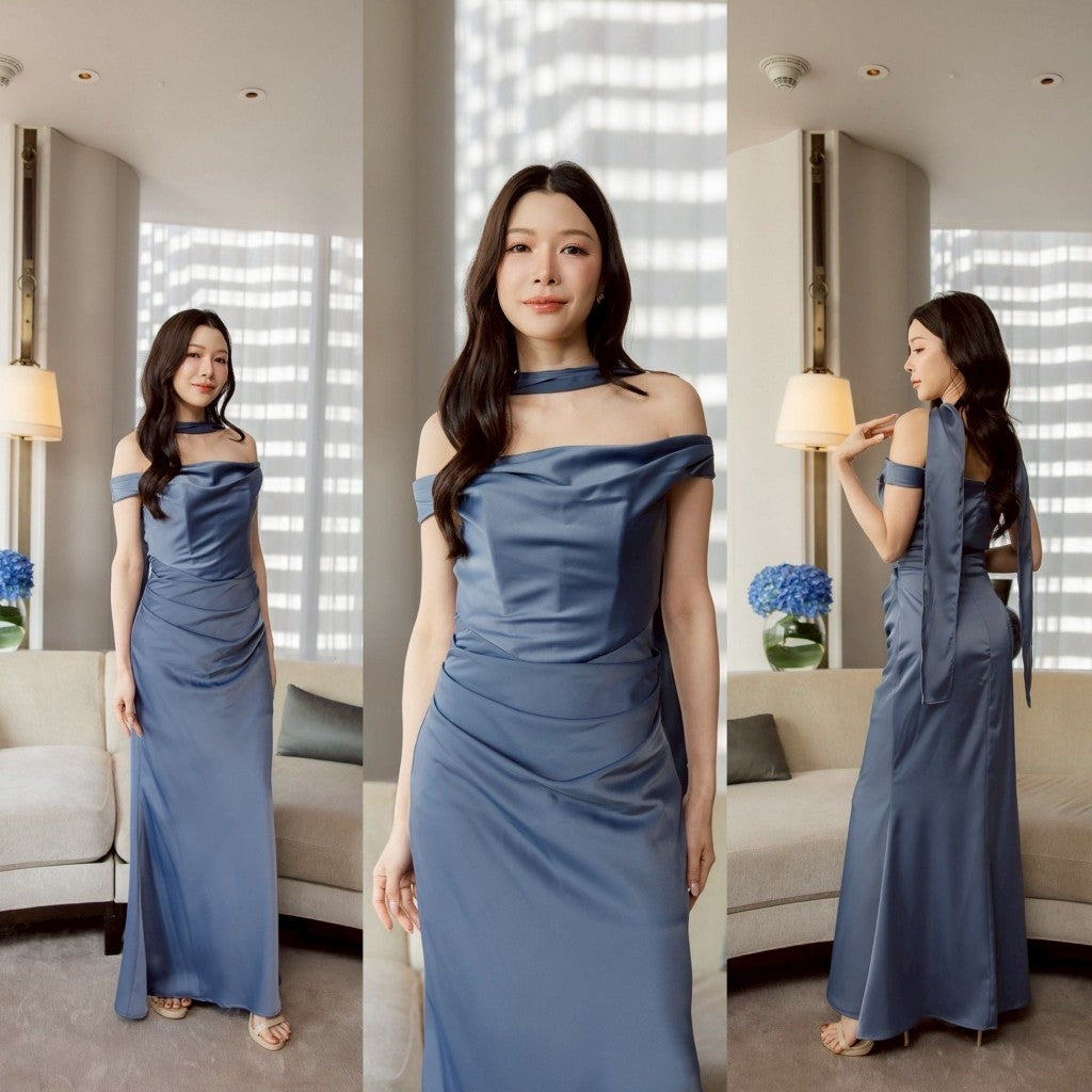 เดรสยาว ชุดราตรี ชุดออกงาน ชุดไปงานแต่ง พรีเมี่ยม NP070 เครปซาติน แถมผ้าพันคอ งานหรู พร้อมส่ง