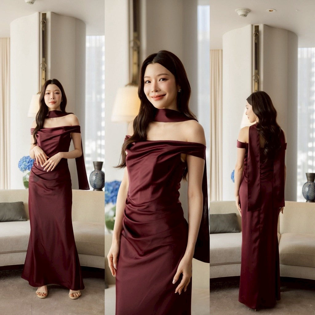 เดรสยาว ชุดราตรี ชุดออกงาน ชุดไปงานแต่ง พรีเมี่ยม NP070 เครปซาติน แถมผ้าพันคอ งานหรู พร้อมส่ง
