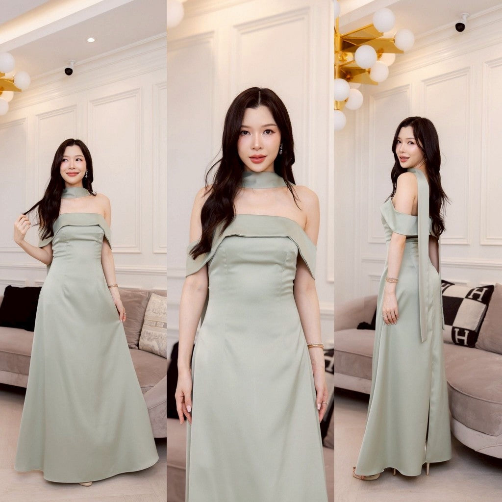 ชุดไปงานแต่ง ชุดออกงาน ชุดราตรี ชุดเดรสเปิดไหล่ N308 กระโปรงยาว พร้อมส่ง S M L XL 2XL งานแต่งงาน