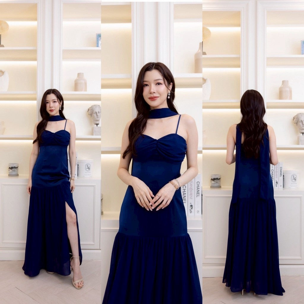 ชุดราตรียาว เดรสออกงาน สายเดี่ยว ชีฟอง 2 ชั้น SAPHIRA ผ้าเครปซาติน หรูหรา เดรสไปงานแต่ง พร้อมส่ง