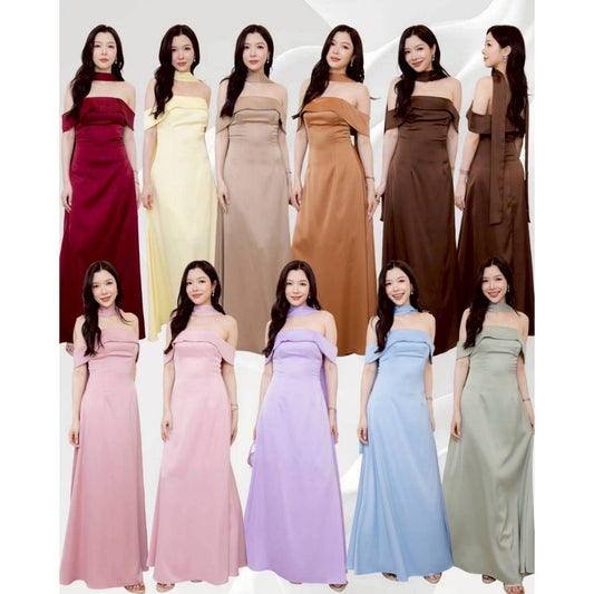 ชุดไปงานแต่ง ชุดออกงาน ชุดราตรี ชุดเดรสเปิดไหล่ N308 กระโปรงยาว พร้อมส่ง S M L XL 2XL งานแต่งงาน