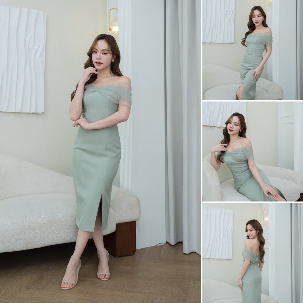 ชุดไปงานแต่ง ชุดออกงาน ชุดราตรี ชุดเดรสเปิดไหล่ ELIN กระโปรงสั้น เดรสสั้น พร้อมส่ง ไซส์ S M L XL 2XL