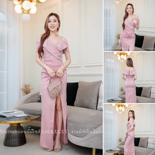 ชุดราตรี เดรสยาว ชุดตรีม ธีมสีชมพู ชุดราตรีสีชมพู กลีบบัว เรียบหรู เดรสงานแต่ง พร้อมส่ง Dress Woman