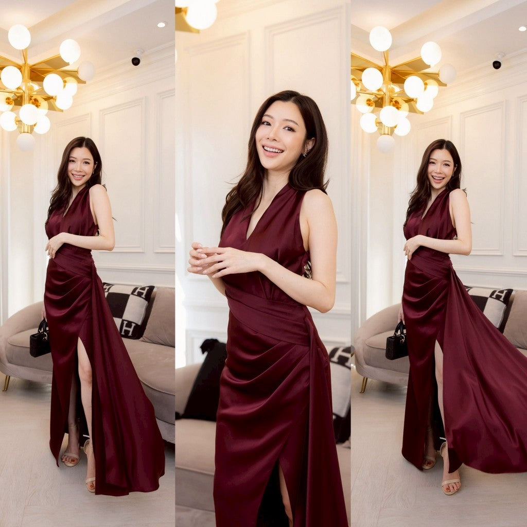 ชุดราตรียาว ชุดออกงาน ชุดไปงานแต่ง แต่งหรู พรางเอว ห้อยสะโพก พรีเมี่ยม NP071 ผ้า เครปซาติน พร้อมส่ง