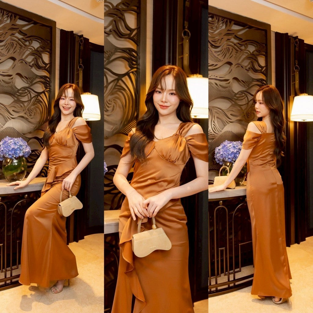 เดรสยาว ชุดออกงาน เดรสออกงาน เครปซาติน Lana เดรสสวยๆ สาย คล้องไหล่ จีบพราง ชุดราตรีเรียบหรู พร้อมส่ง