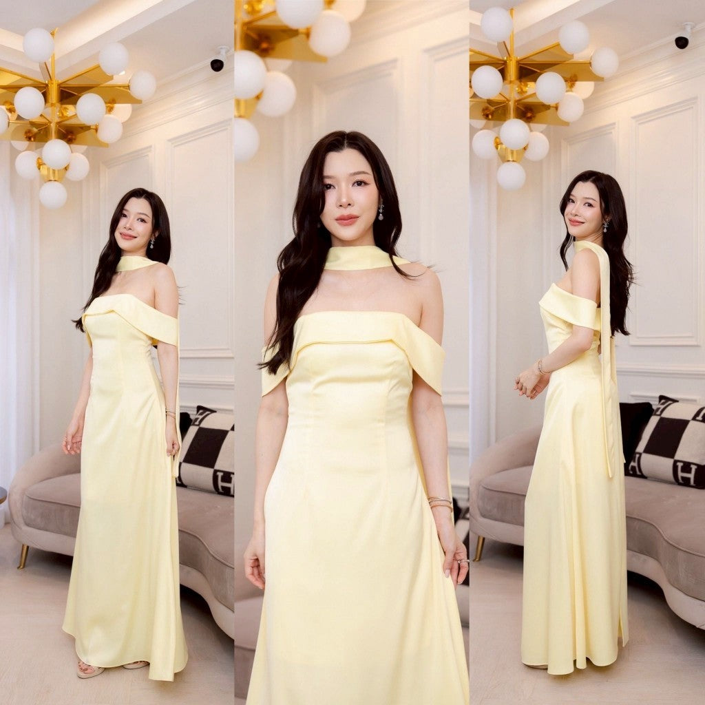 ชุดไปงานแต่ง ชุดออกงาน ชุดราตรี ชุดเดรสเปิดไหล่ N308 กระโปรงยาว พร้อมส่ง S M L XL 2XL งานแต่งงาน