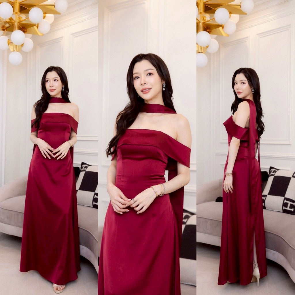 ชุดไปงานแต่ง ชุดออกงาน ชุดราตรี ชุดเดรสเปิดไหล่ N308 กระโปรงยาว พร้อมส่ง S M L XL 2XL งานแต่งงาน