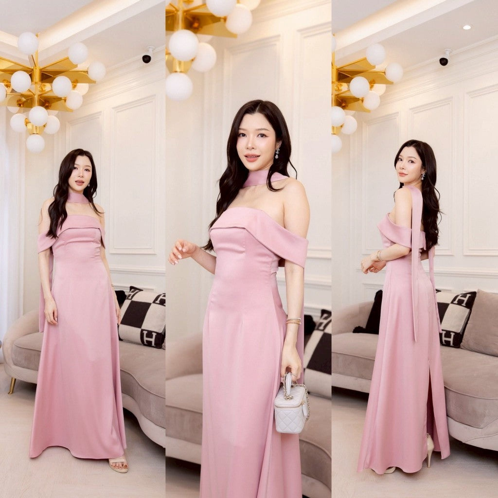 ชุดไปงานแต่ง ชุดออกงาน ชุดราตรี ชุดเดรสเปิดไหล่ N308 กระโปรงยาว พร้อมส่ง S M L XL 2XL งานแต่งงาน