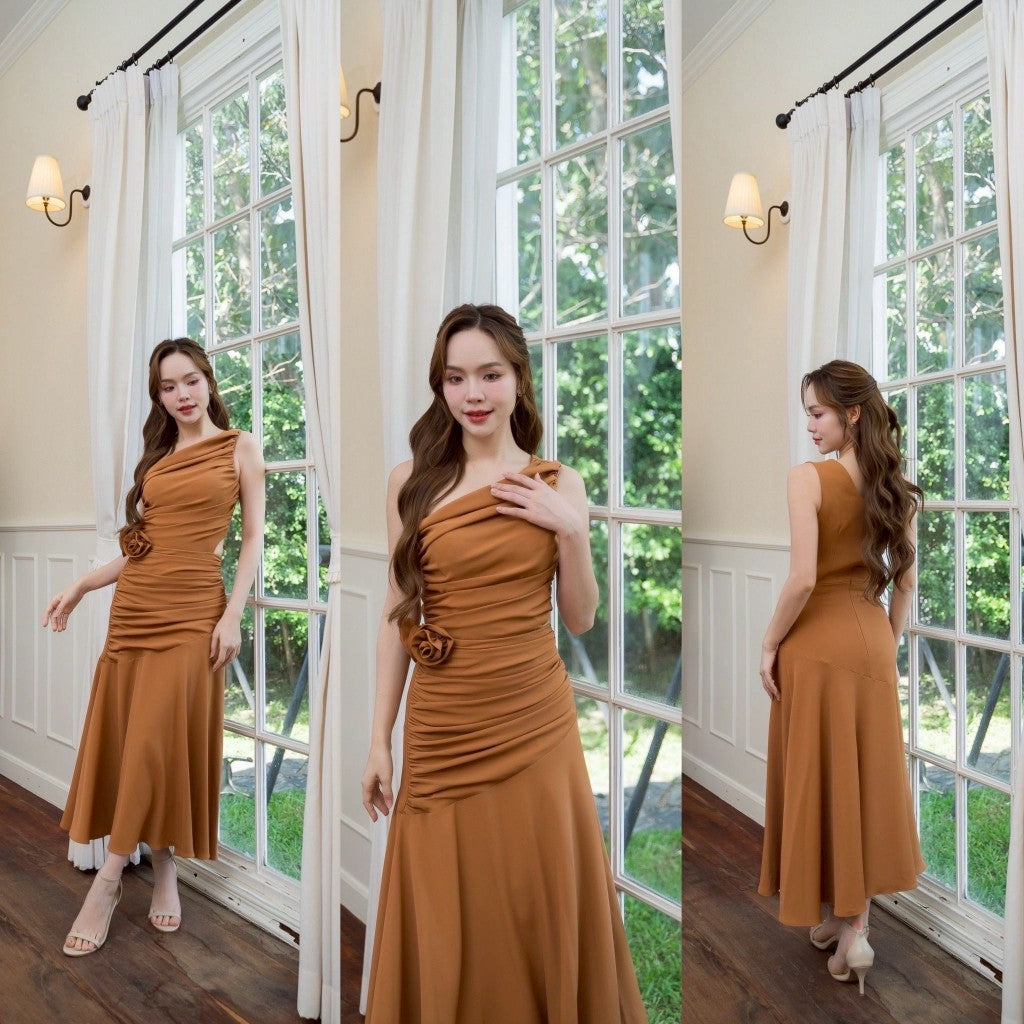 ชุดราตรี เดรส ชุดออกงาน ANYA ไหล่เบี่ยงเว้าเอว รูดทั้งตัว พร้อม ดอกไม้ ใส่ออกงานแต่ง พรีเมี่ยม
